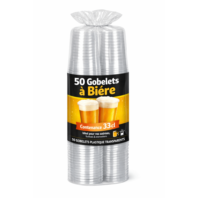 Gobelets plastiques transparents réutilisables 33 cl – Spécial bière – Lot de 50 - 142285 - Gobelets
