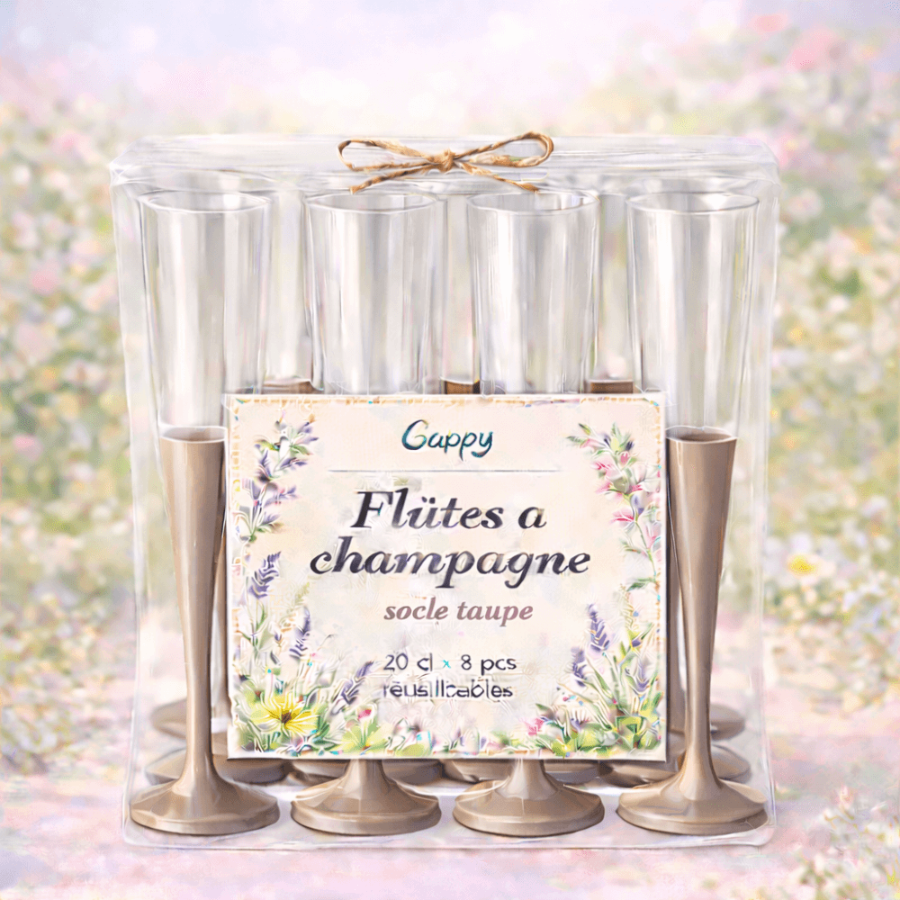 8 Flûtes à champagne 20 cl socle taupe réutilisables - 142614 - Verres à Pied & Coupes