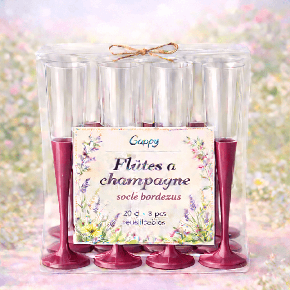 8 Flûtes à champagne 20 cl socle bordeaux réutilisables - 142621 - Verres à Pied & Coupes