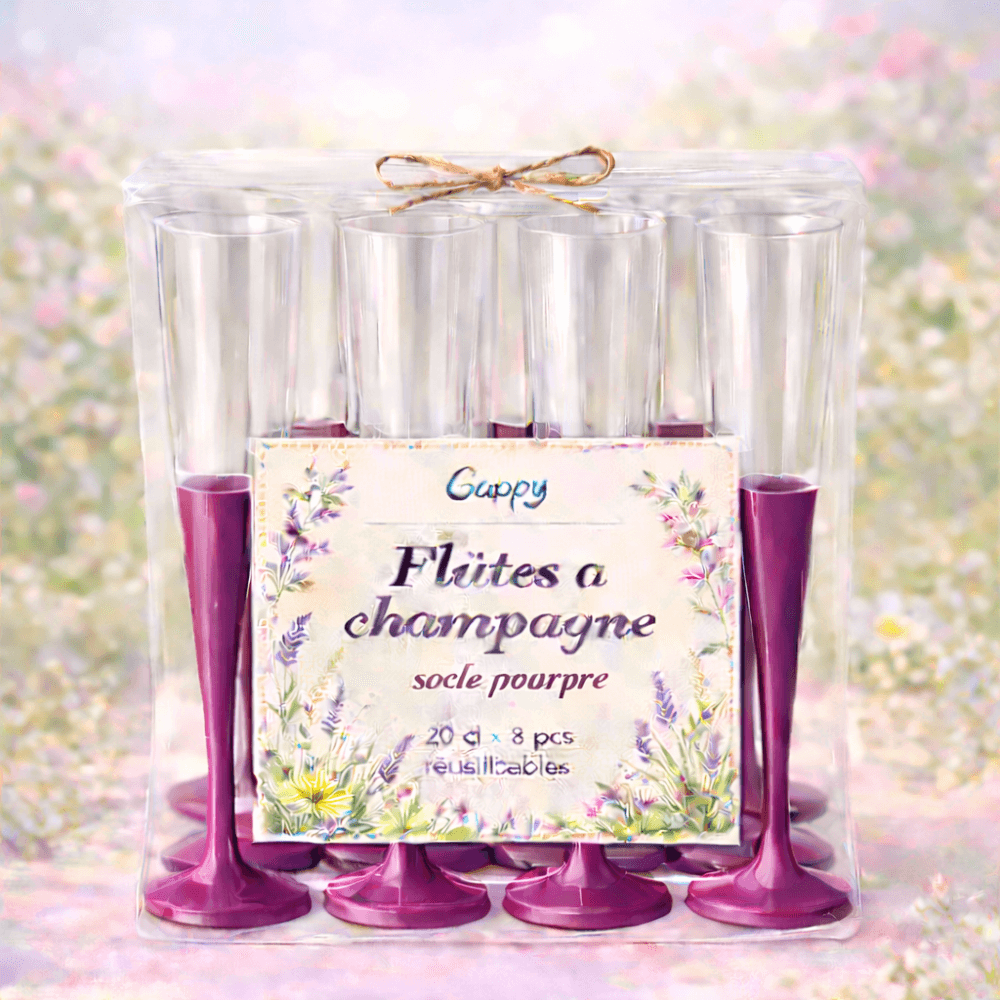 8 Flûtes à champagne 20 cl socle pourpre réutilisables - 142609 - Verres à Pied & Coupes