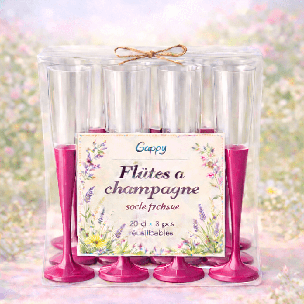 8 Flûtes à champagne 20 cl socle fuchsia réutilisables - 142608 - Verres à Pied & Coupes