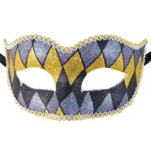 Loup vénitien Arlequin gris noir or – masque bal masqué chic