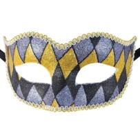 Loup vénitien Arlequin gris noir or – masque bal masqué chic