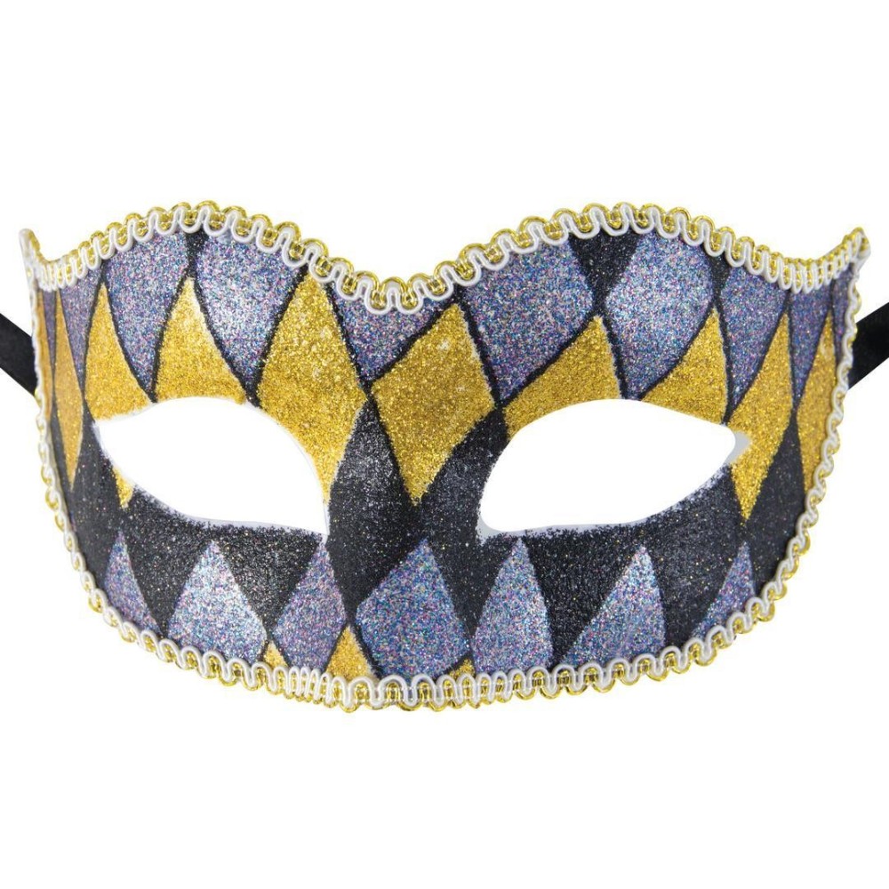 Loup vénitien Arlequin gris noir or – masque bal masqué chic