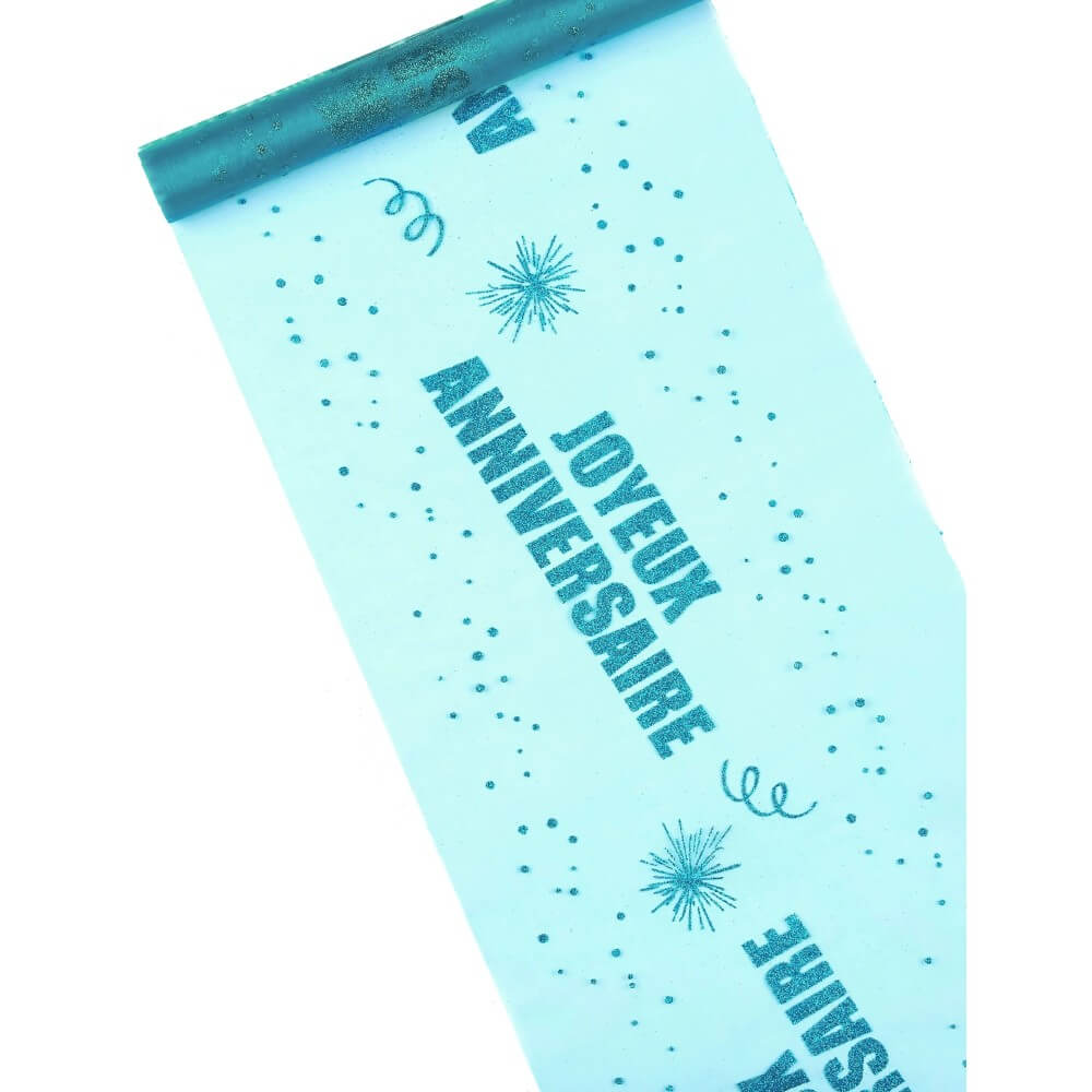 Chemin de table organza Joyeux Anniversaire turquoise 29 cm x 5 m - 6PA5 - Chemins de table