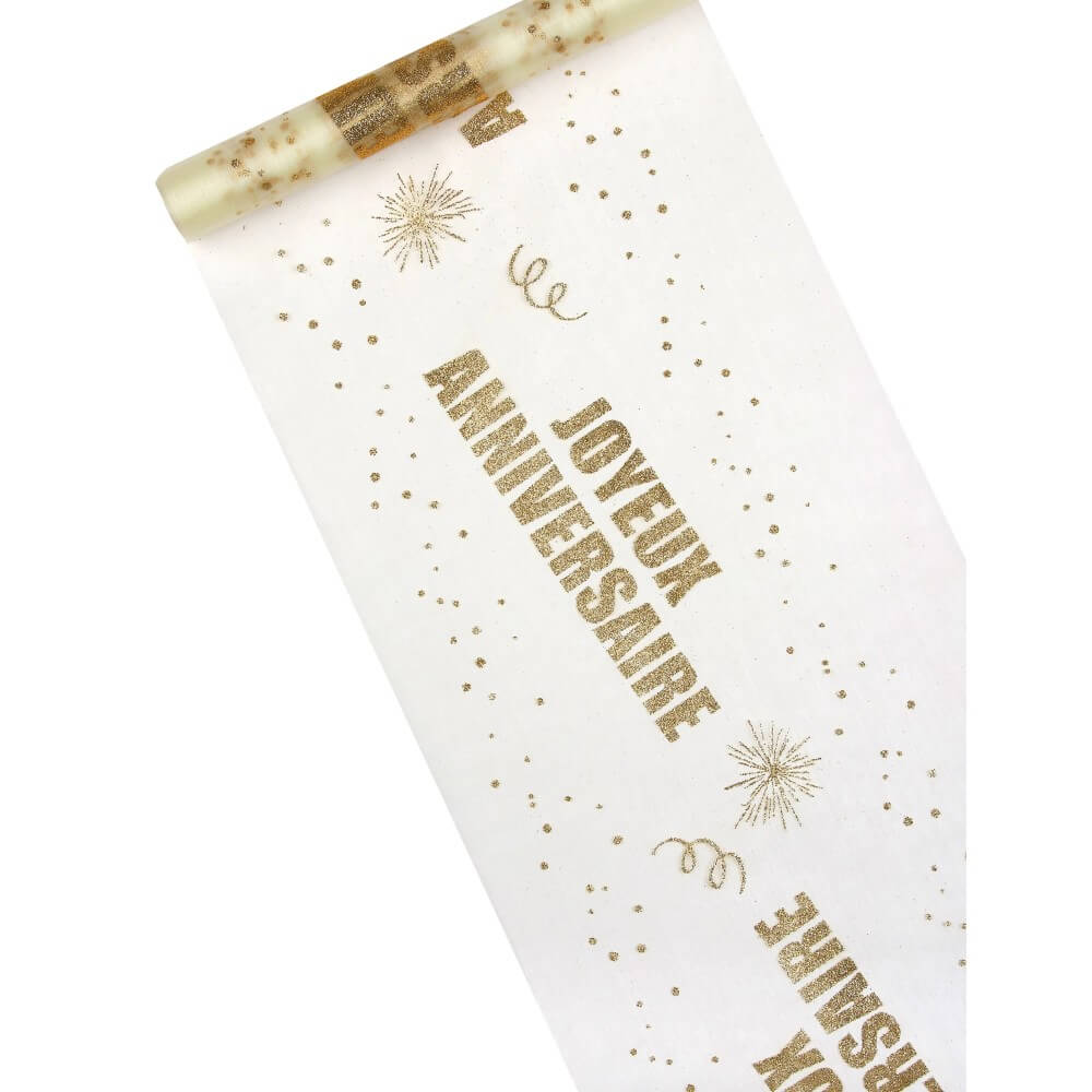 Chemin de table organza Joyeux Anniversaire doré 29 cm x 5 m - 6PA3 - Chemins de table