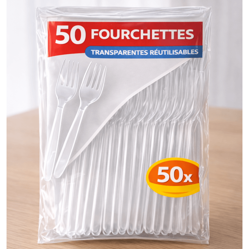 50 Fourchettes transparentes réutilisables - 143333 - Couverts