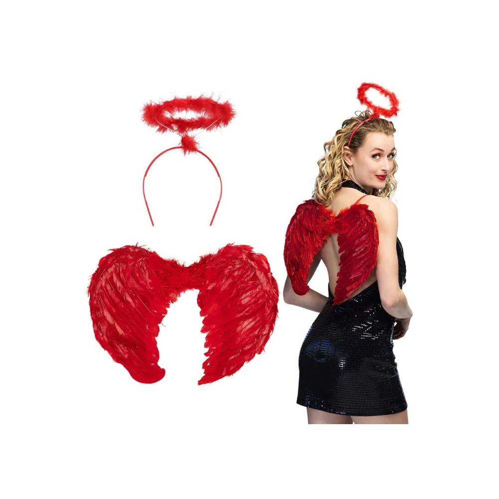 Set Ange Promo Rouge Ailes et Auréole pas cher | Fiesta Factory