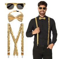 Set Paillettes Or pas cher - Lunettes, nœud papillon et bretelles | Fiesta Factory