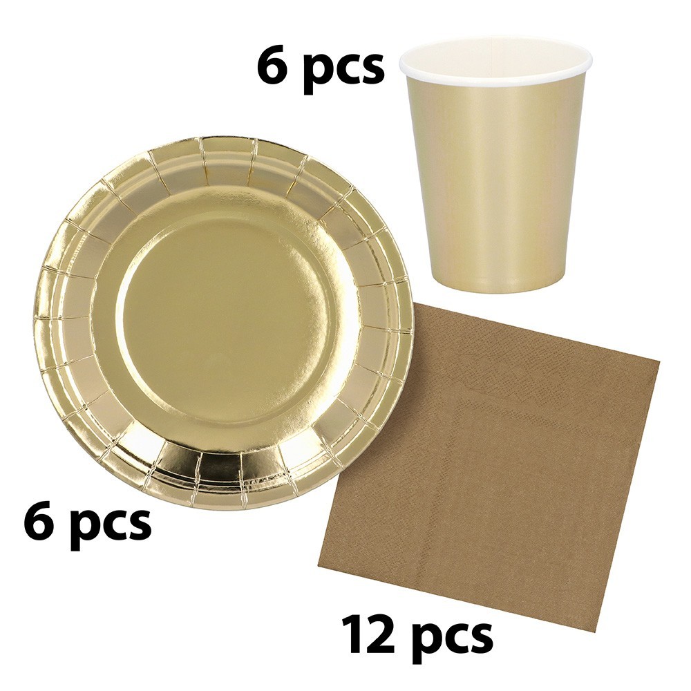 Set de Table Or Pas Cher - 6 Assiettes, 6 Gobelets et 12 Serviettes