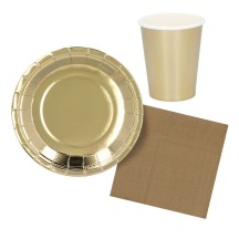 Set de Table Or Pas Cher - 6 Assiettes, 6 Gobelets et 12 Serviettes