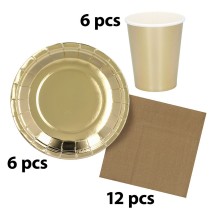 Set de Table Or Pas Cher - 6 Assiettes, 6 Gobelets et 12 Serviettes