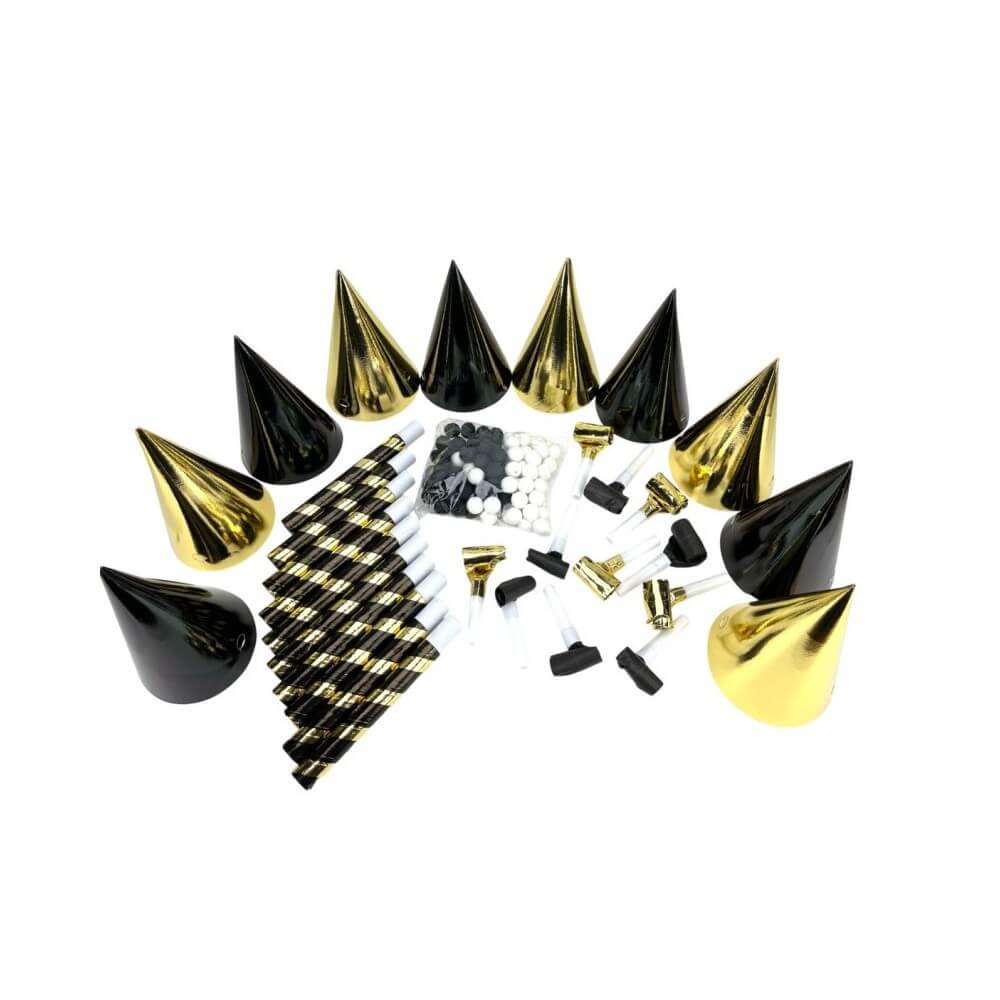 Set Cotillons 10 Personnes OR/NOIR – Kit Complet - 49001 - Cotillons