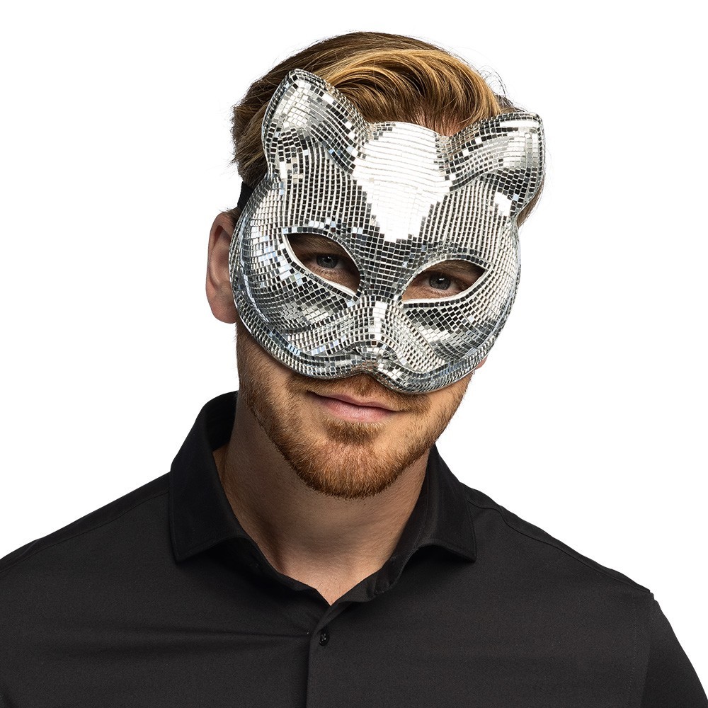 Demi-masque Disco Cat Argent pas cher | Masque disco femme