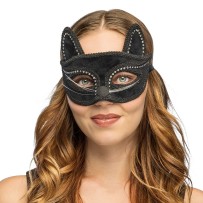 Demi-masque Chat Charmant noir à strass pas cher | Masque félin femme