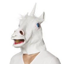 Masque tête latex Licorne Snowy avec cheveux pas cher