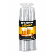Gobelets plastiques transparents réutilisables 33 cl – Spécial bière – Lot de 50