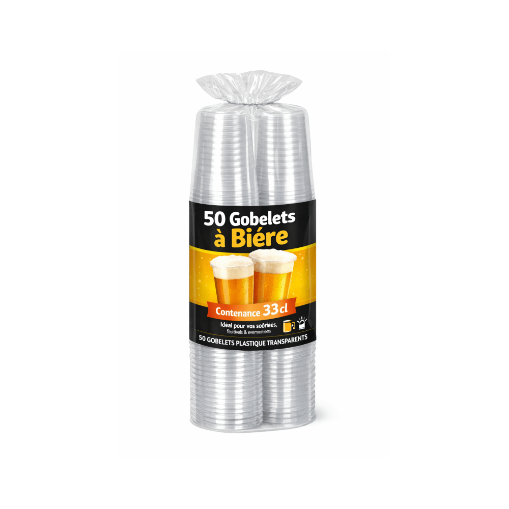 Gobelets plastiques transparents réutilisables 33 cl – Spécial bière – Lot de 50
