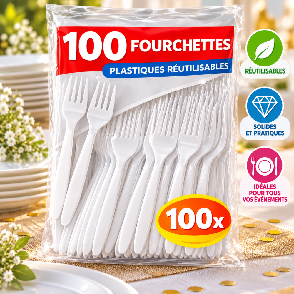 100 Fourchettes Plastique Blanc Réutilisables | Fiesta Factory