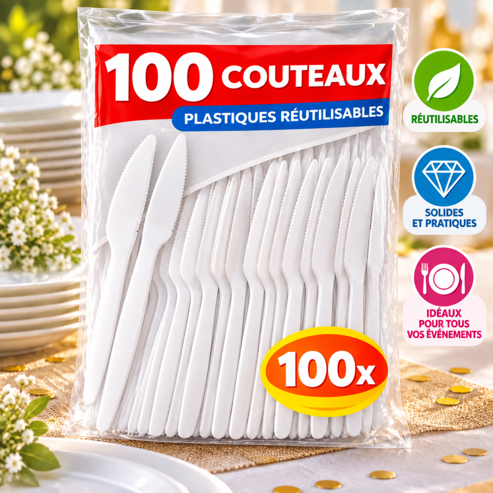 100 Couteaux Plastiques Blancs Réutilisables | Fiesta Factory