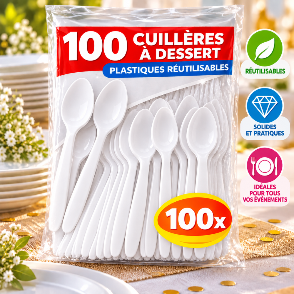 100 Cuillères à Dessert Blanches Réutilisables | Fiesta Factory