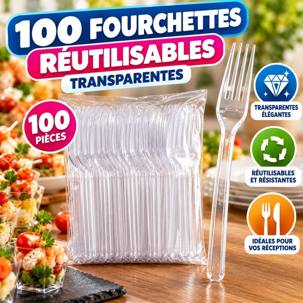 100 Fourchettes Transparentes Réutilisables | Fiesta Factory