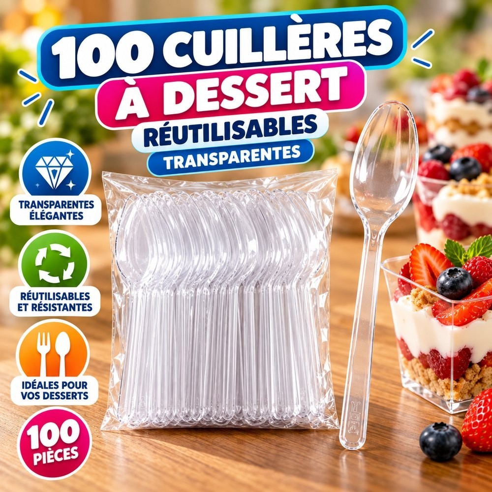 100 Cuillères à Dessert Transparentes Réutilisables | Fiesta Factory