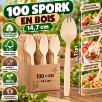100 Sporks en Bois 14,7 cm FSC Compostables | Fiesta Factory
