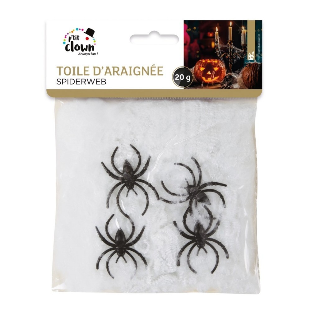 Toile d'araignée Halloween blanche 20 g + 4 araignées