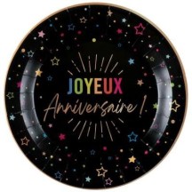 6 Assiettes Joyeux Anniversaire noires 18 cm pas cher | FIESTA FACTORY
