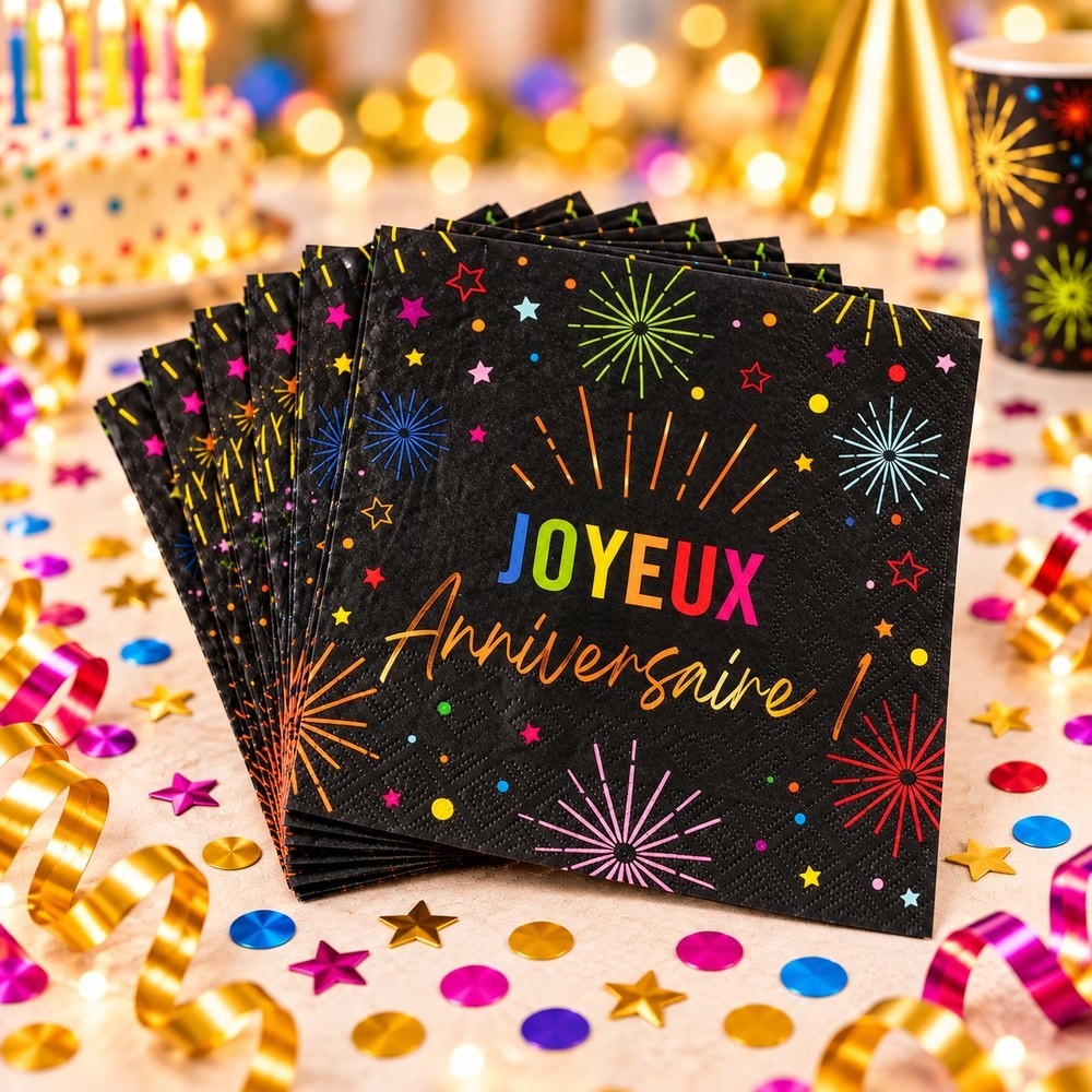 12 Serviettes Joyeux Anniversaire Noir | Fiesta Factory