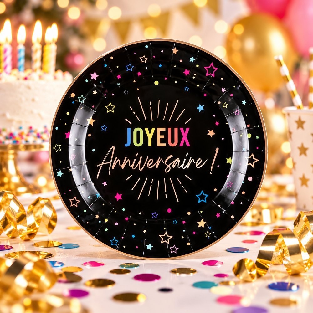 6 Assiettes Joyeux Anniversaire noires 18 cm pas cher | FIESTA FACTORY