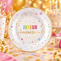 6 Assiettes Joyeux Anniversaire blanches 18 cm pas cher