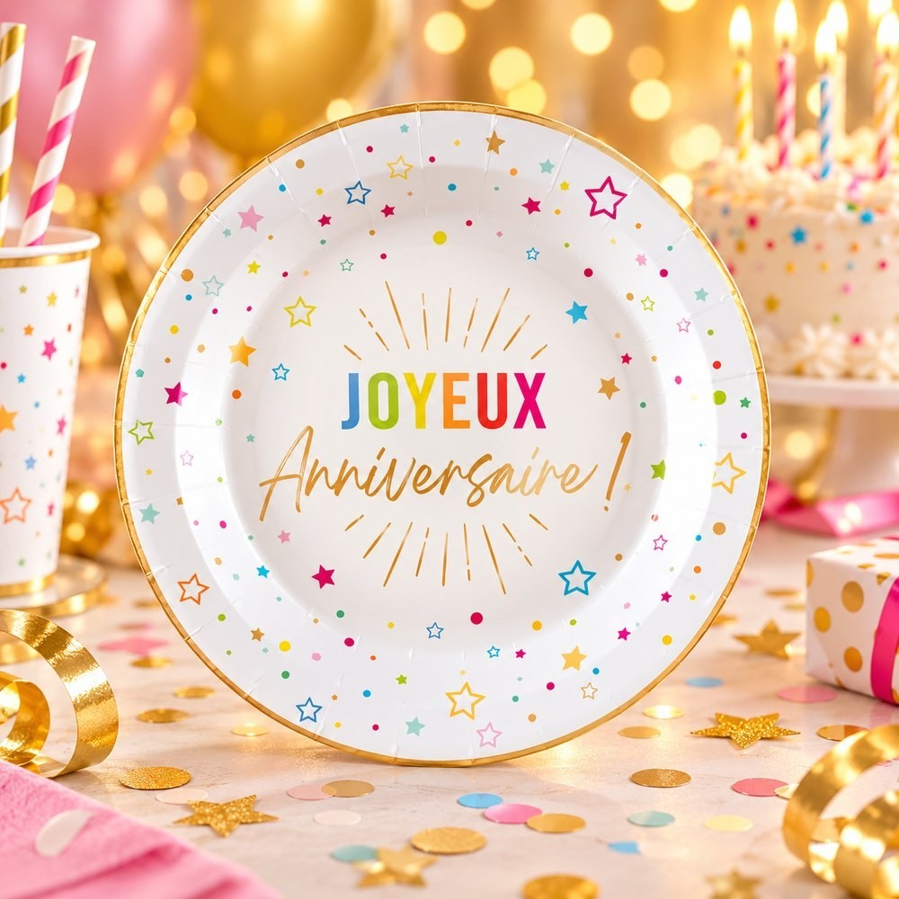 6 Assiettes Joyeux Anniversaire blanches 18 cm pas cher