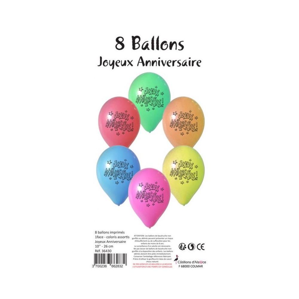 8 Ballons Joyeux Anniversaire Multicolores