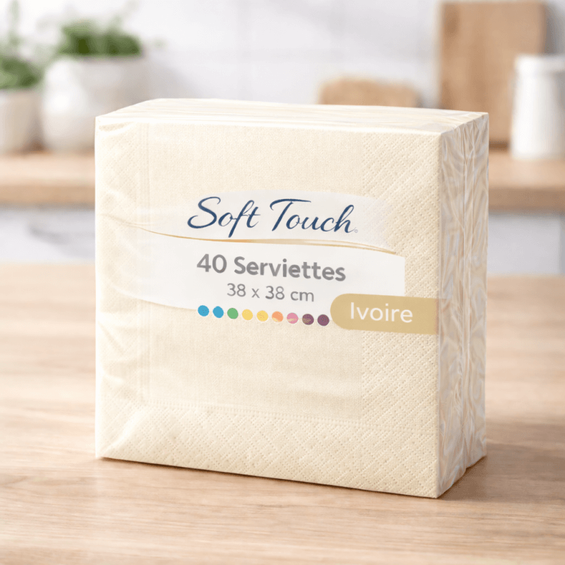 40 Serviettes soft touch 38x38 cm 2 plis – Ivoire - 149428 - Serviettes Soft Touch