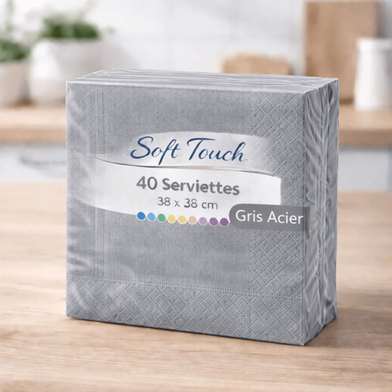 40 Serviettes soft touch 38x38 cm 2 plis – Gris Acier - 149410 - Serviettes Soft Touch