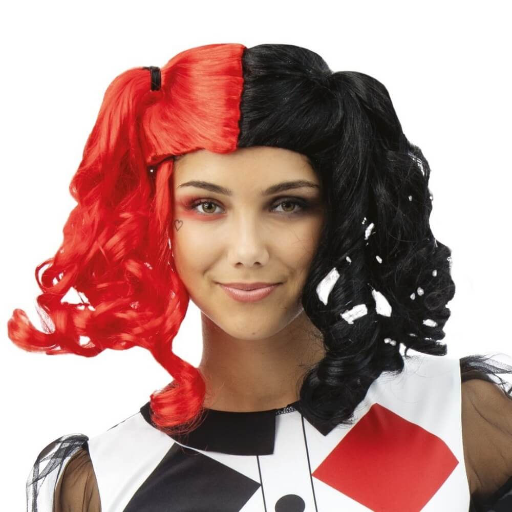 Perruque arlequin avec couettes noir et rouge - 23587 - Perruques