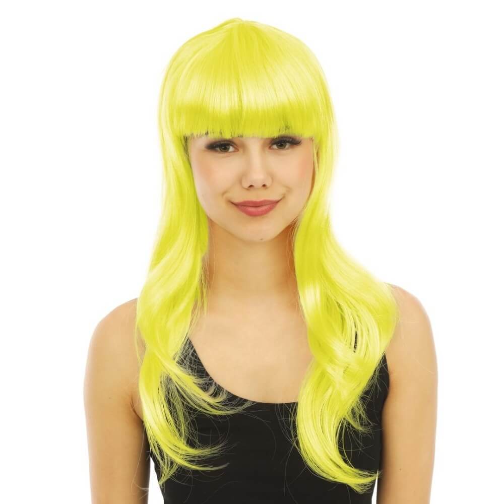 Perruque longue raide avec frange jaune - 23974 - Perruques