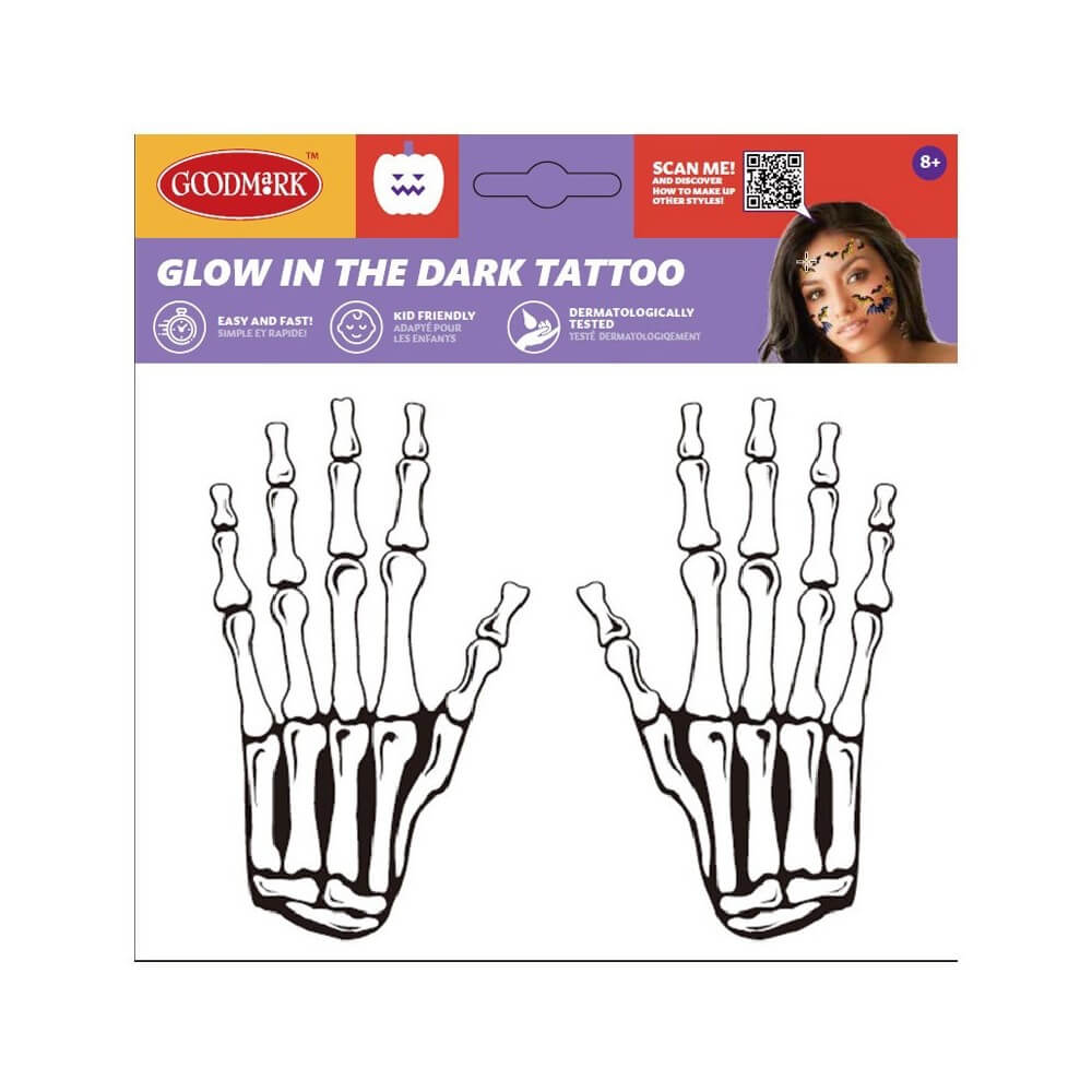 Tatouage glow mains de squelette - 24HA0018 - Strass & Paillettes