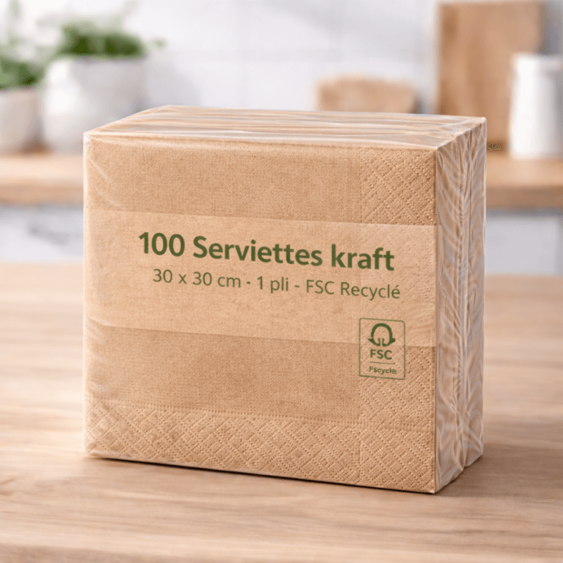 100 Serviettes kraft 30x30 cm 1 pli – FSC Recyclé - 140155 - Serviettes kraft