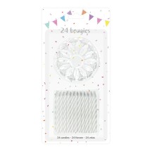 24 Bougies Blanches 6 cm + 12 Supports - 43040 - Bougies pour Anniversaire