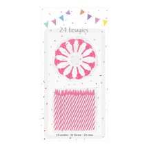 24 Bougies Roses 6 cm + 12 Supports - 43042 - Bougies pour Anniversaire