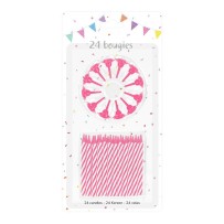 24 Bougies Roses 6 cm + 12 Supports - 43042 - Bougies pour Anniversaire