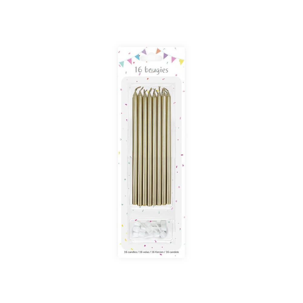16 Bougies Or 14,5 cm + 16 Supports – Anniversaire Élégant - 43044 - Bougies pour Anniversaire