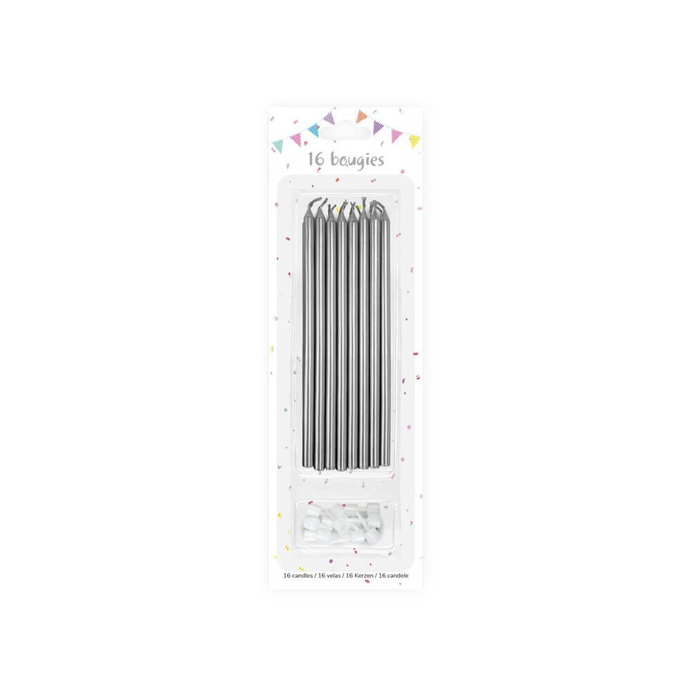 16 Bougies Argent 14,5 cm + 16 Supports – Anniversaire Chic - 43045 - Bougies pour Anniversaire