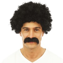 Perruque courte frisée noire avec moustache - 23995 - Perruques
