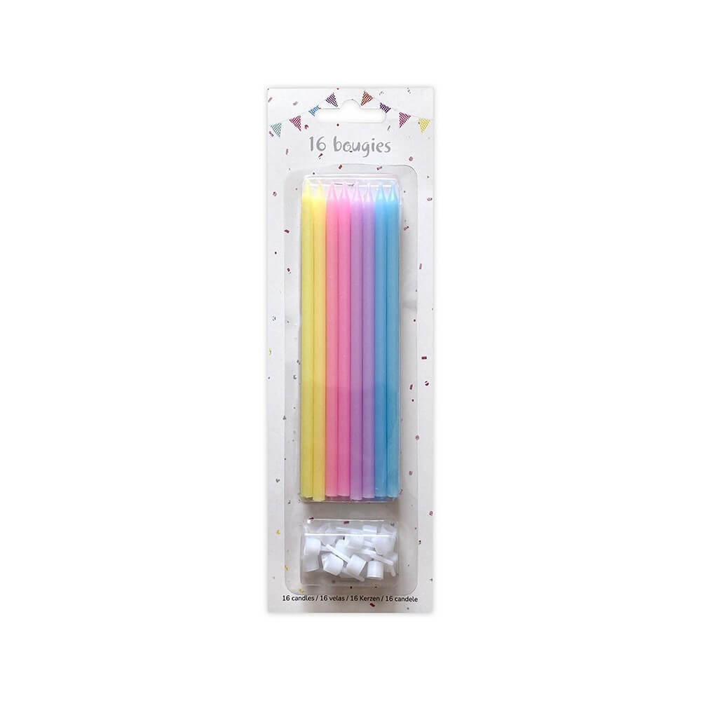 16 Bougies Pastel 14,5 cm + Supports – Anniversaire - 43049 - Bougies pour Anniversaire