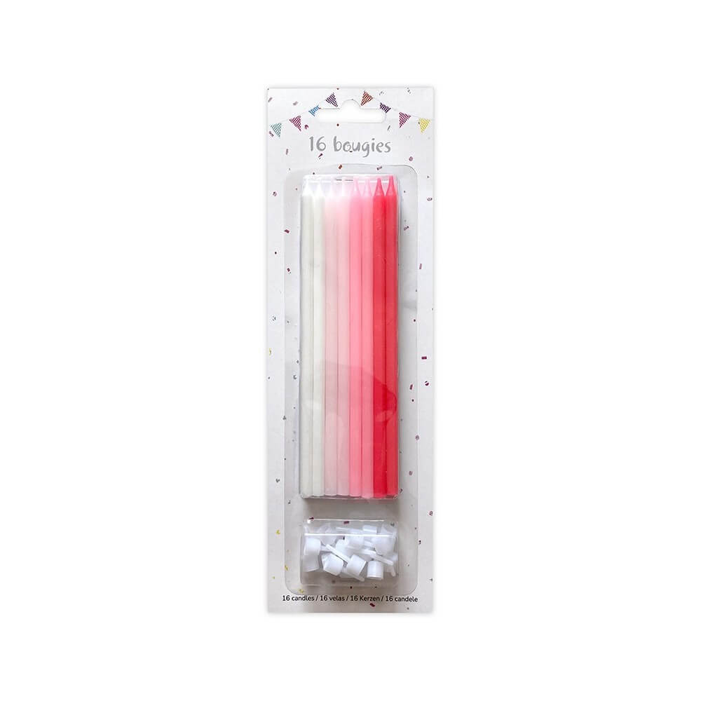 16 Bougies Rose Mix 14,5 cm + Supports – Anniversaire - 43060 - Bougies pour Anniversaire