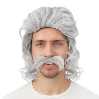 Perruque mi-longue grise avec moustache - 23997 - Perruques